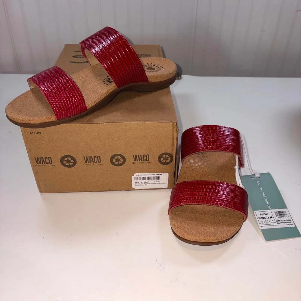 Revitalign Sullivan Slide Sandals 8.5 Red Snake Print Leather Orthotic Comfort